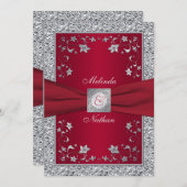 Faire-part de mariage de monogramme rouge, argenté (Devant / Derrière)