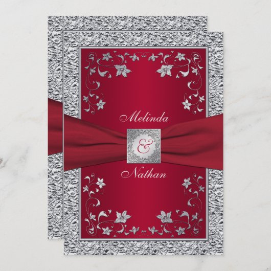 Faire-part de mariage de monogramme rouge, argenté (Devant / Derrière)