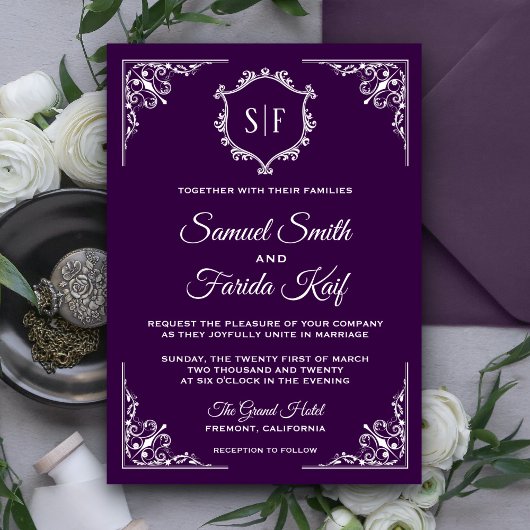Faire-part de mariage de monogramme royal violet