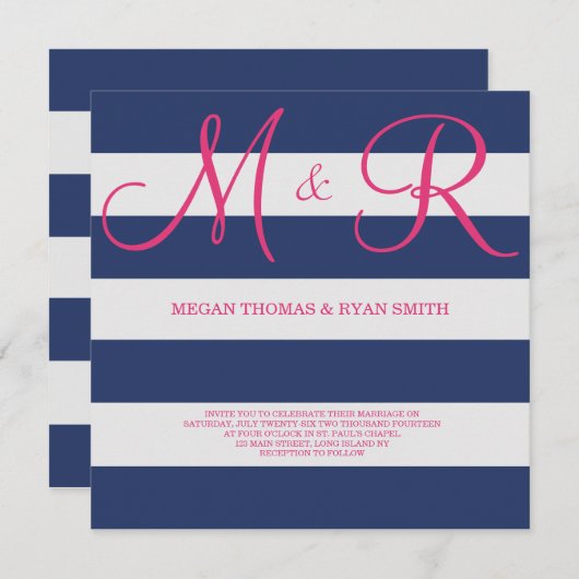 Faire-part de mariage de monogrammes bleu et rose  (Devant / Derrière)