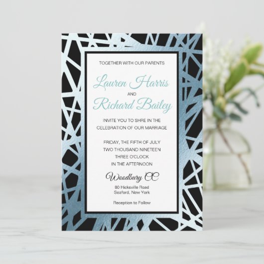 Faire-part de mariage de mousse bleu et noir (Debout devant)