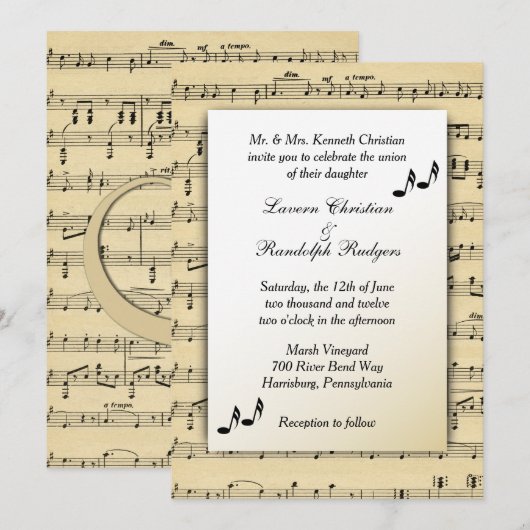 Faire-part de mariage de musique feuille (Devant / Derrière)