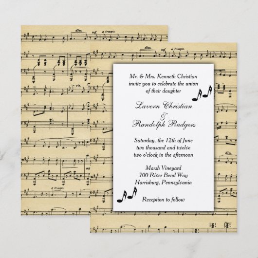 Faire-part de mariage de musique feuille (Devant / Derrière)