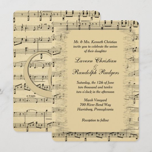 Faire-part de mariage de musique feuille (Devant / Derrière)
