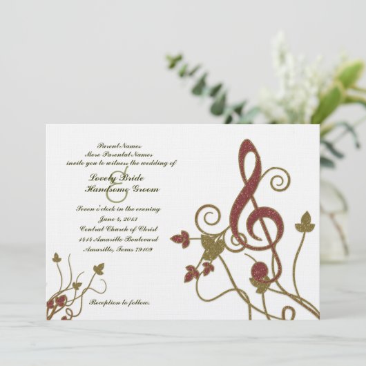 Faire-part de mariage de musique rouge or blanc (Debout devant)