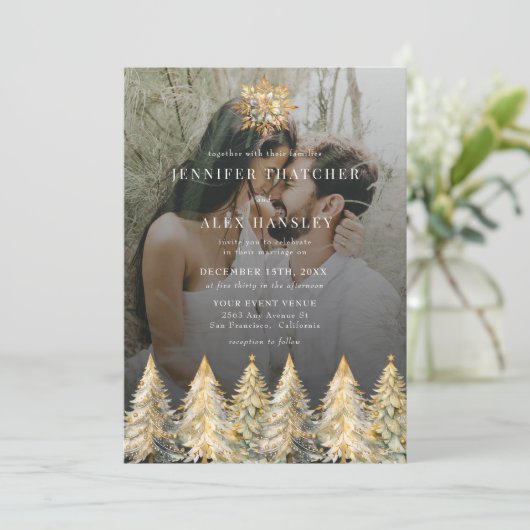 Faire-part de mariage de Noël Gold Sparkle (Debout devant)