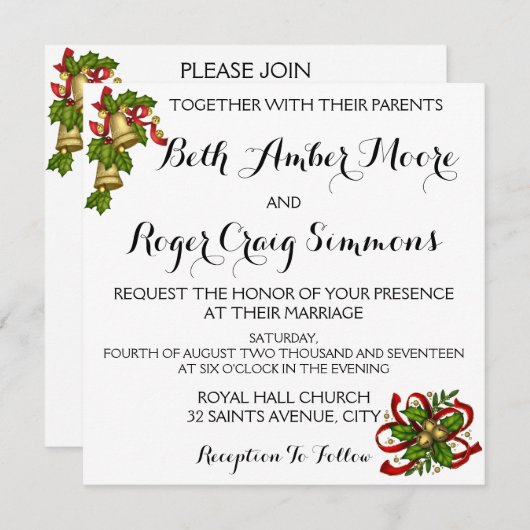 Faire-part de mariage de Noël Mistletoe Bells (Devant / Derrière)