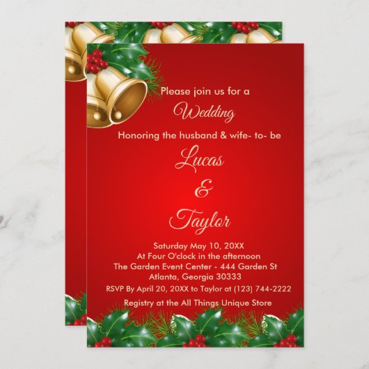 Faire-part de mariage de Noël rouge et vert (Devant / Derrière)