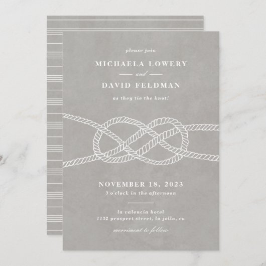 Faire-part de mariage de noeud illustrée - gris (Devant / Derrière)