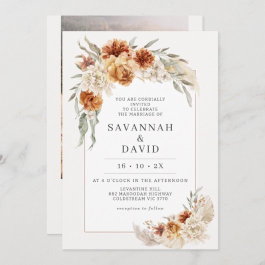 Faire-part de mariage de Pampas Florale de Boho Or (Devant / Derrière)