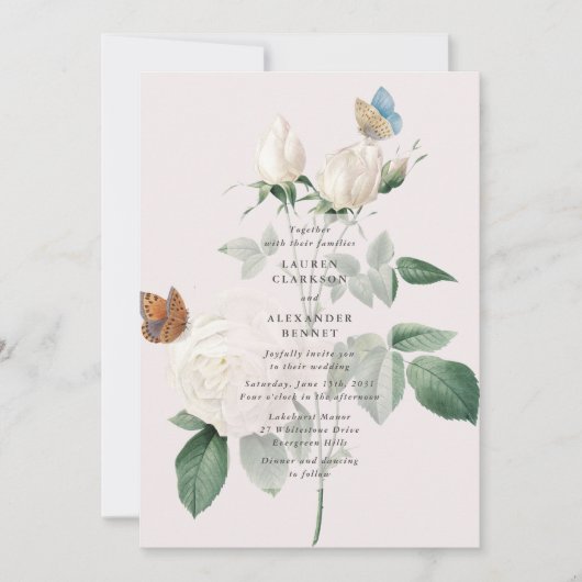 Faire-part de mariage de papillon de rose blanche (Devant)