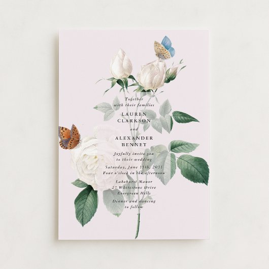 Faire-part de mariage de papillon de rose blanche