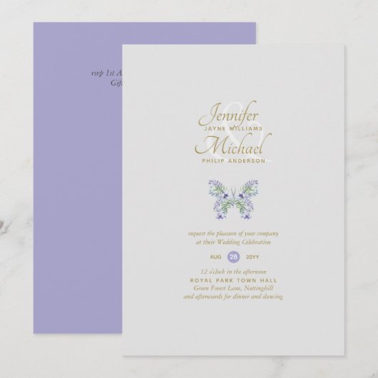 Faire-part de mariage de papillon Lavender délicat (Devant / Derrière)