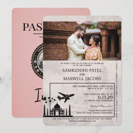 Faire-part de mariage de passeport de l'Inde rose (Devant / Derrière)