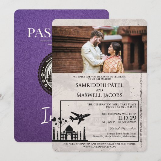 Faire-part de mariage de passeport Purple India (Devant / Derrière)