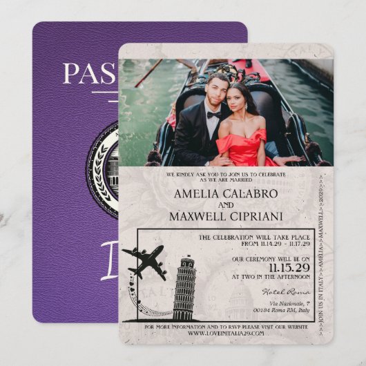 Faire-part de mariage de passeport Purple Italie (Devant / Derrière)