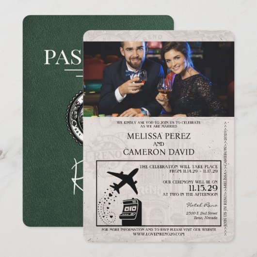 Faire-part de mariage de passeport Reno Vert (Devant / Derrière)