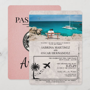 Faire-part de mariage de passeport rose Aruba