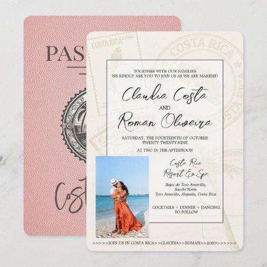 Faire-part de mariage de passeport rose Costa Rica (Devant / Derrière)