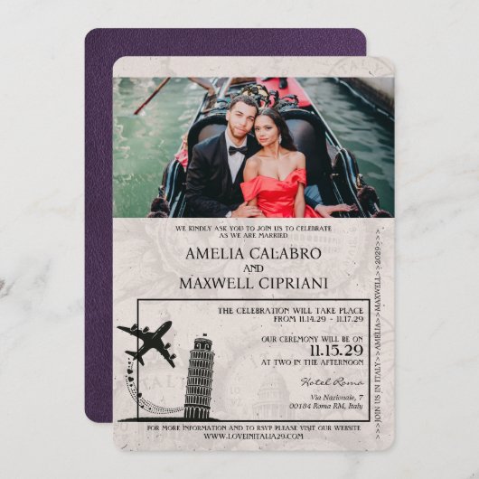 Faire-part de mariage de passeport Violet Italie (Devant / Derrière)
