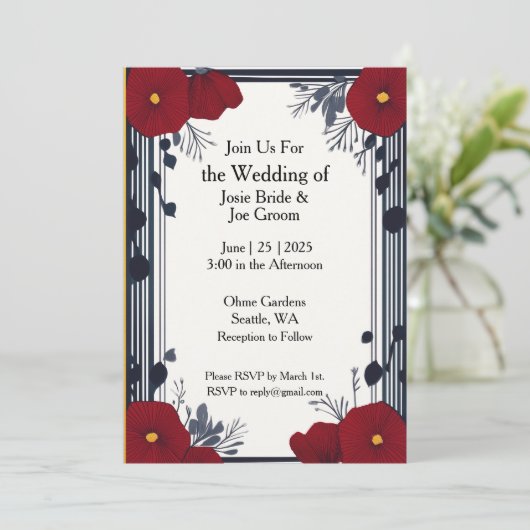 Faire-part de mariage de pavots rouges Art déco (Debout devant)