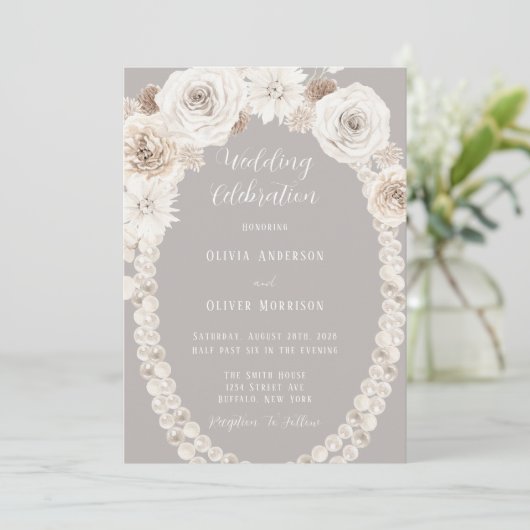Faire-part de mariage de perles blanches florales  (Debout devant)