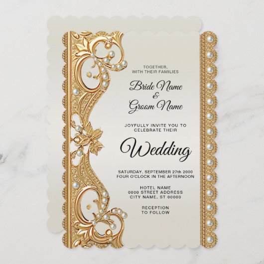 Faire-part de mariage de perles blanches ornées d' (Devant / Derrière)