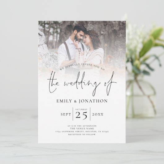 Faire-part de mariage de photos de script moderne (Debout devant)