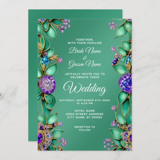 Faire-part de mariage de pierres précieuses violet (Devant / Derrière)