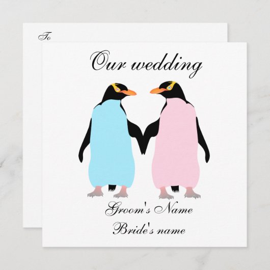 Faire-part de mariage de pingouins de couleur past (Devant / Derrière)