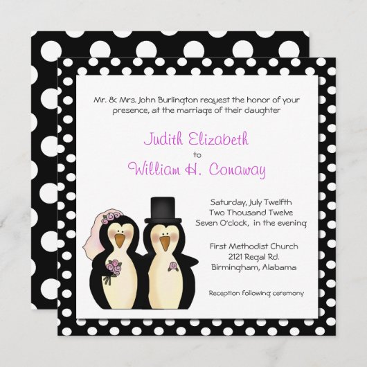 Faire-part de mariage de pingouins mignons (Devant / Derrière)