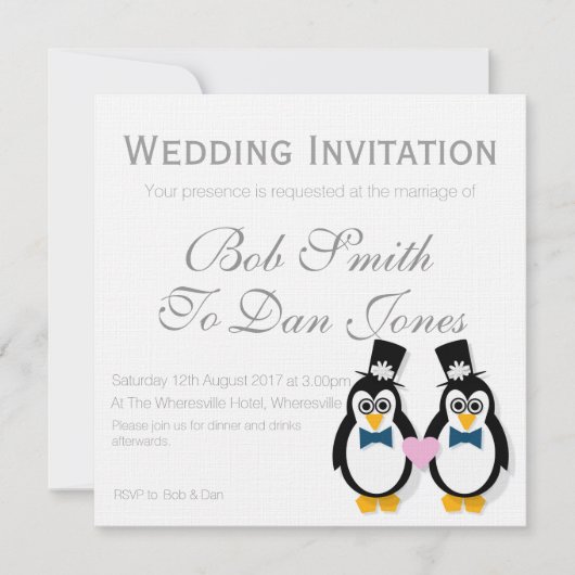 Faire-part de mariage de pingouins (Mr&Mr) (Devant)