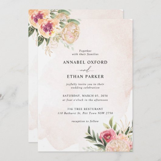 Faire-part de mariage de pivoines et de fleurs d'o (Devant / Derrière)