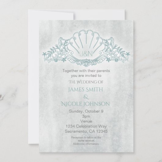 Faire-part de mariage de plage avec hippocampes et (Devant)