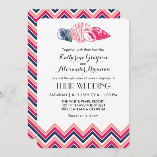 Faire-part de mariage de plage coquillages Chevron (Devant / Derrière)