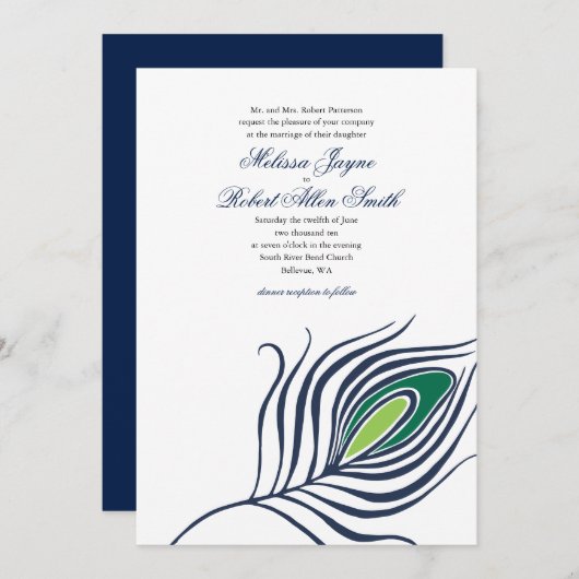 Faire-part de mariage de plume de paon (Devant / Derrière)