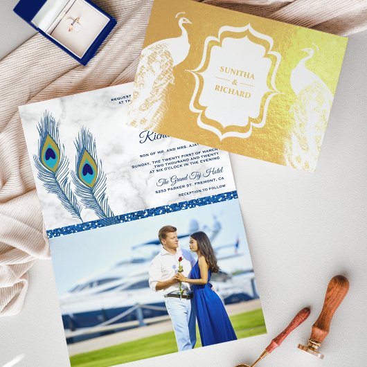 Faire-part de mariage de plumes Peacock Bleu Gold 