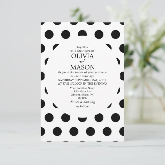 Faire-part de mariage de points Polka noir et blan (Debout devant)