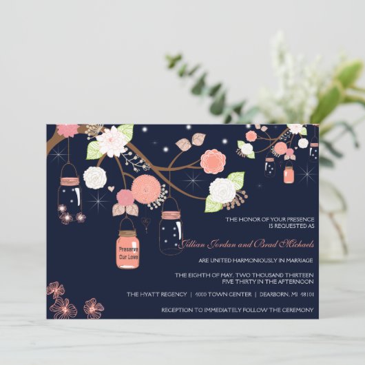 Faire-part de mariage de pot de maçon - corail, (Debout devant)