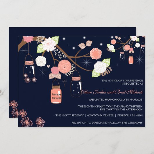 Faire-part de mariage de pot de maçon - corail, (Devant / Derrière)