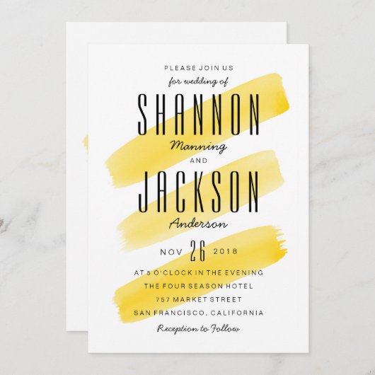 Faire-part de mariage de rayures d'aquarelle jaune (Devant / Derrière)