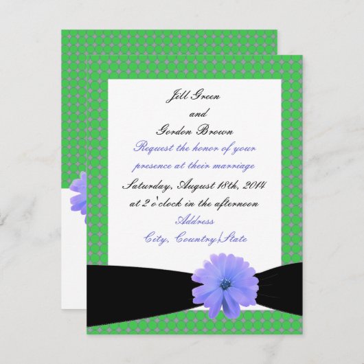 Faire-part de mariage de ruban noir à fleurs viole (Devant / Derrière)