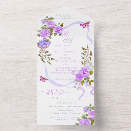 Faire-part de mariage de ruban violet Rose (À l'intérieur)