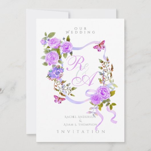 Faire-part de mariage de ruban violet Rose (Devant)