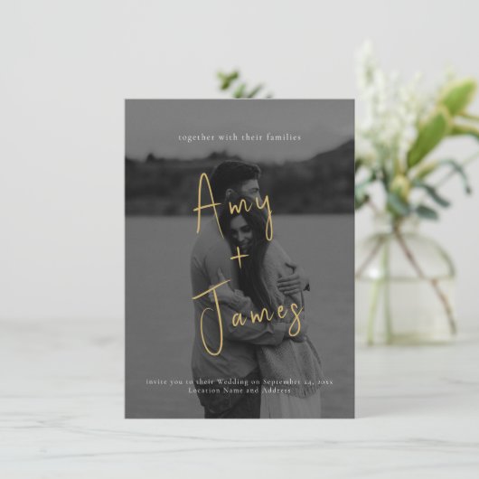 Faire-part de mariage de script avec photo et code (Debout devant)