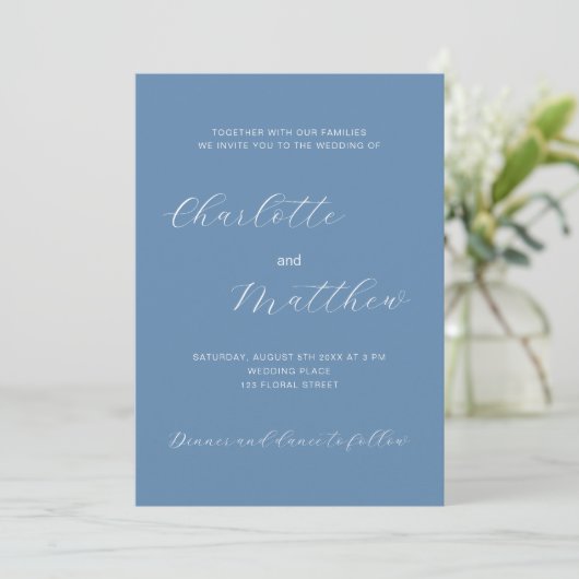 Faire-part de mariage de script bleu foncé (Debout devant)