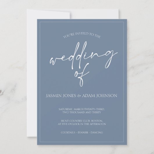 Faire-part de mariage de script bleu poussiéreux m (Devant)