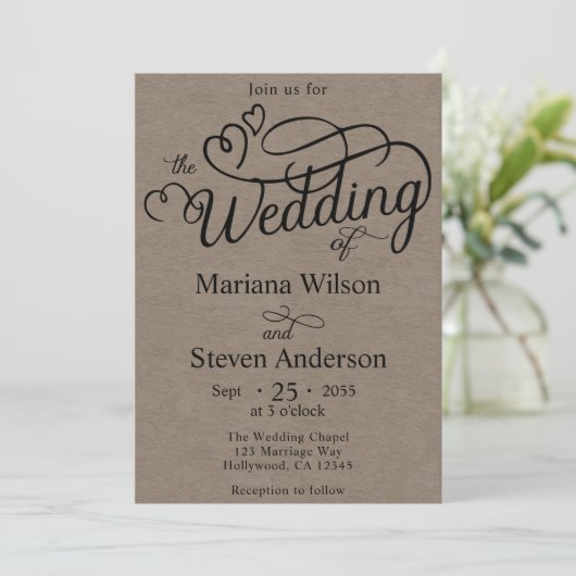 Faire-part de mariage de script Brown simple et ch (Debout devant)