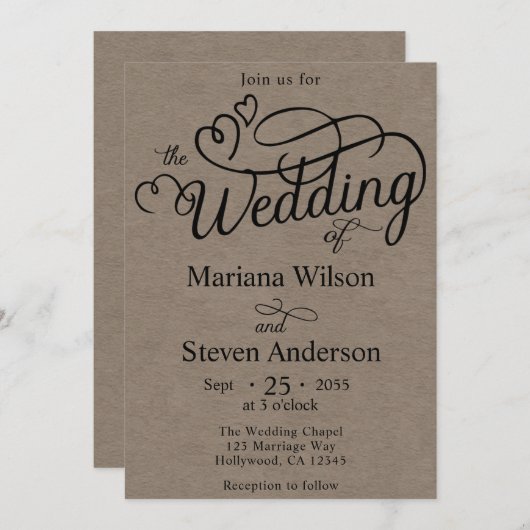 Faire-part de mariage de script Brown simple et ch (Devant / Derrière)