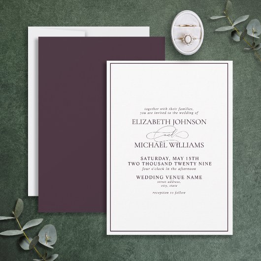 Faire-part de mariage de script classique violet f